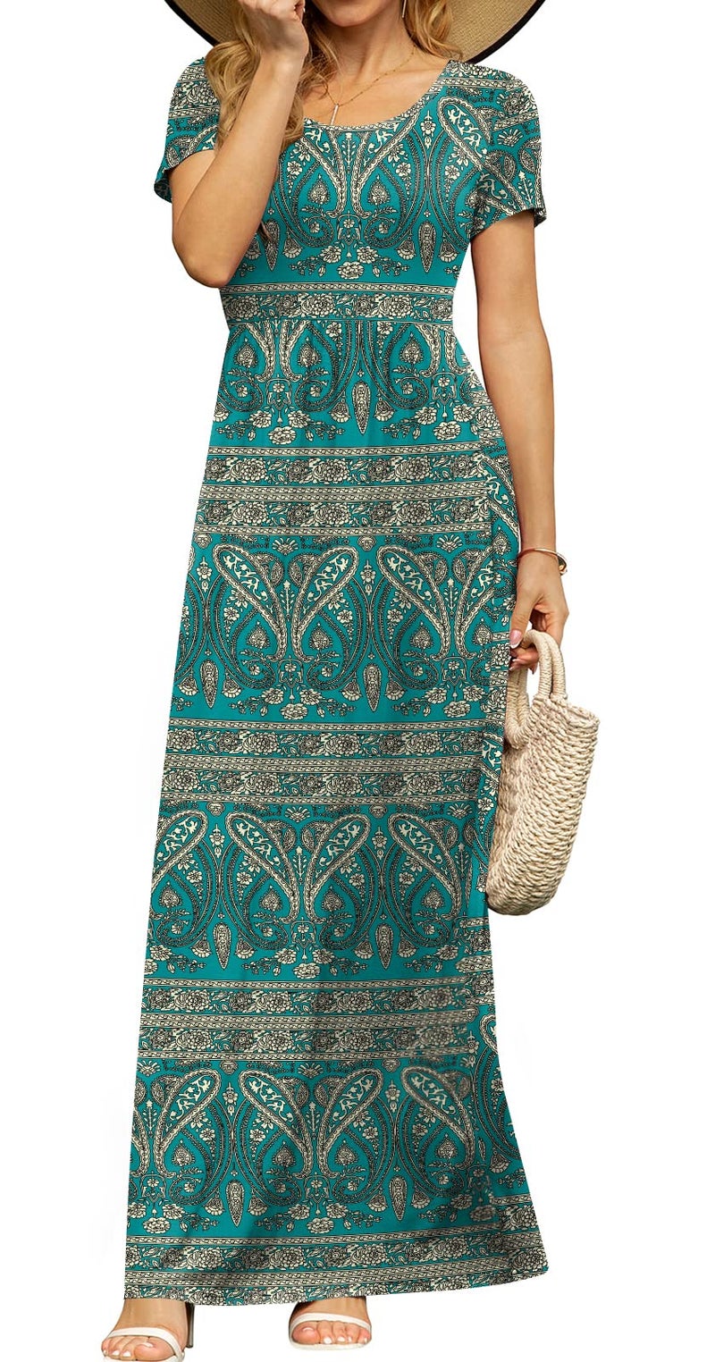 DB MOON Womens 2026 Casual Summer Maxi Dresses Short Sleeve Empire Waist Spring Long Dress with Pockets(Blue Khaki, M) - Image 3