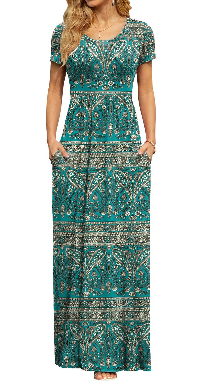DB MOON Womens 2026 Casual Summer Maxi Dresses Short Sleeve Empire Waist Spring Long Dress with Pockets(Blue Khaki, M) - Image 2
