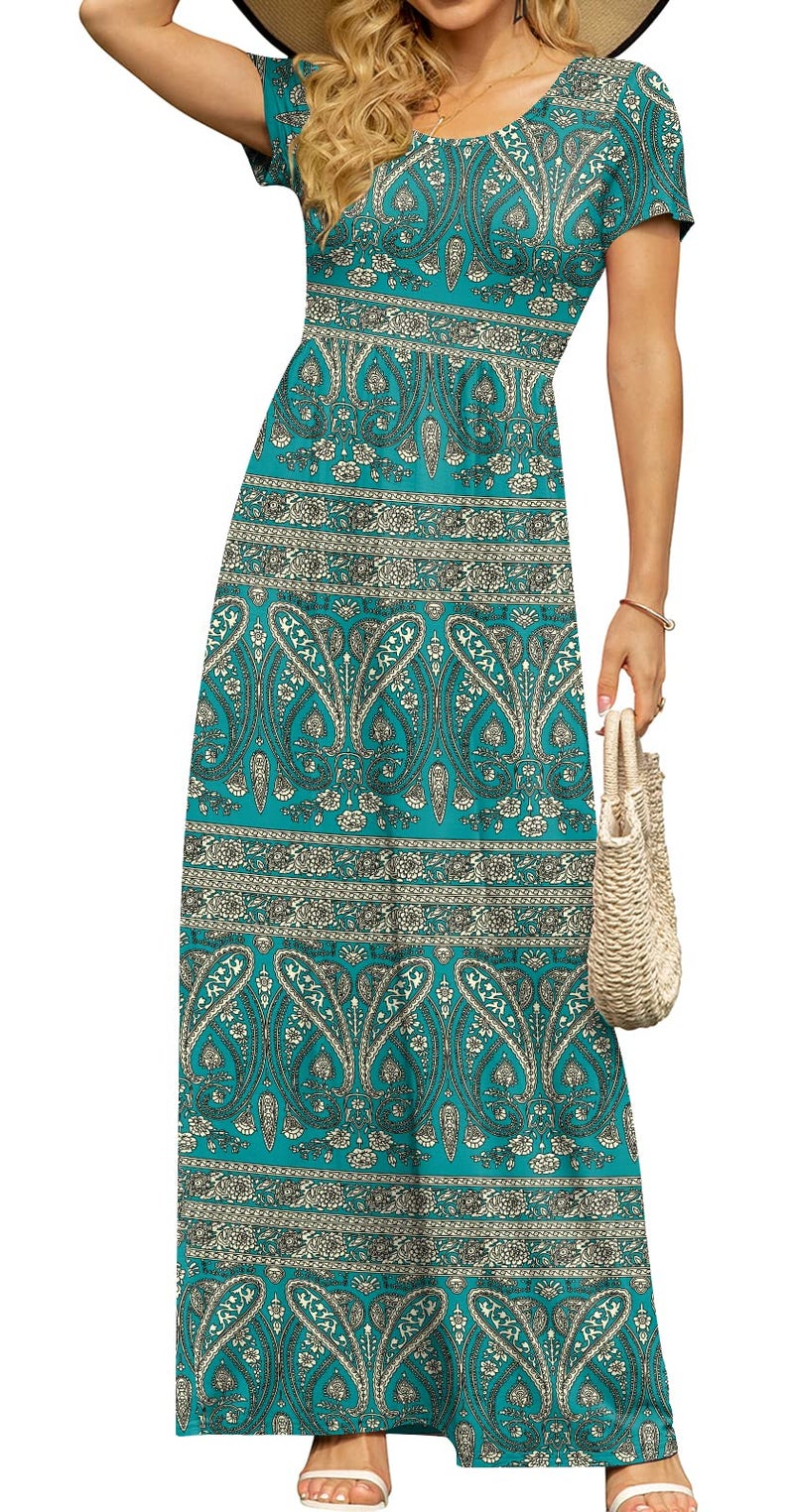 DB MOON Womens 2026 Casual Summer Maxi Dresses Short Sleeve Empire Waist Spring Long Dress with Pockets(Blue Khaki, M) - Image 1