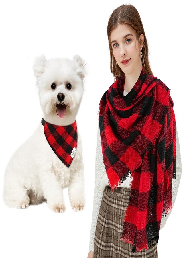 E-Clover Christmas Matching Dog and Owner-Dog Bandana Collar & Matching Scarf Girl Boy Adjustable Dog Collars for Small Medium Dogs Owner Mom Gift Red Black Buffalo Plaid - Image 1
