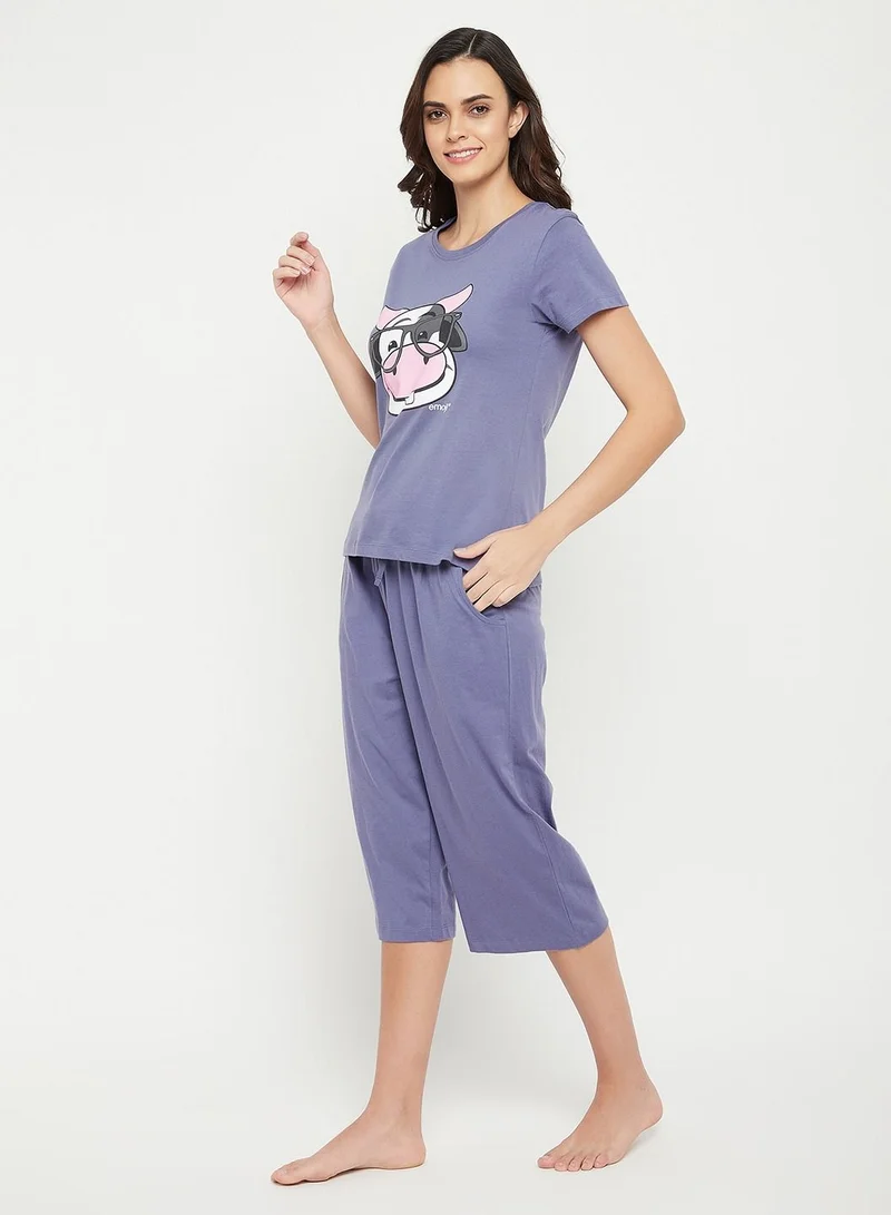 كلوفيا Clovia Cow Emoji Print Top And Solid Flared Capri Set In Blue - 100% Cotton