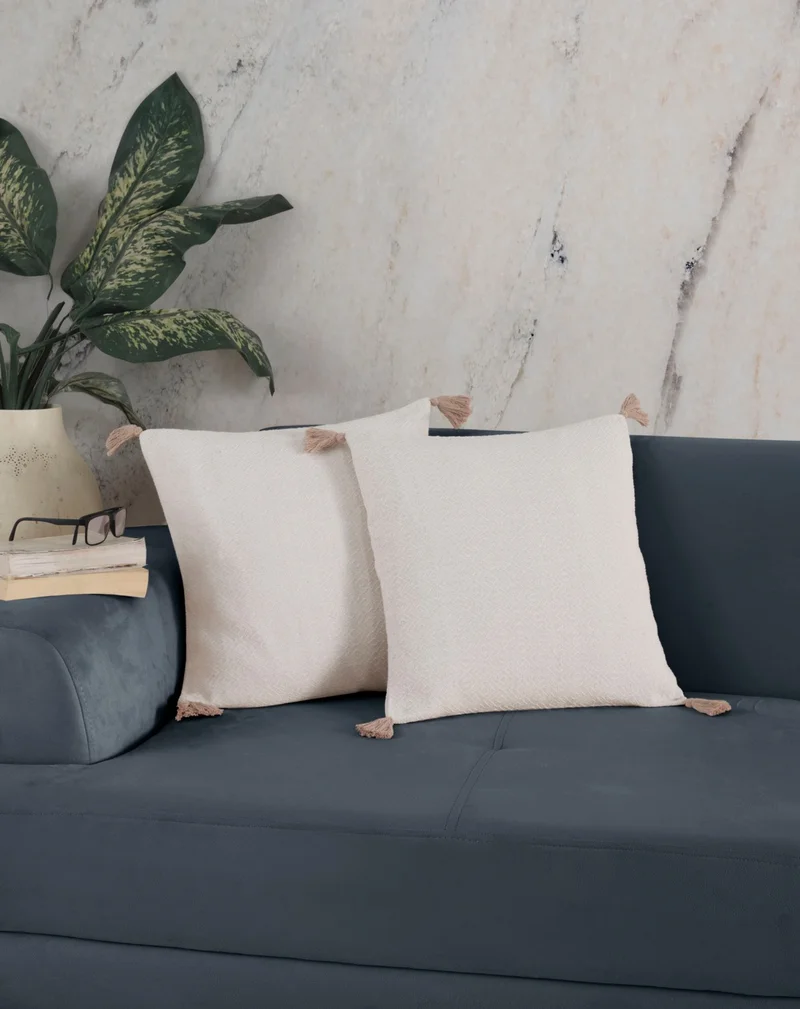 Lux Touch Bergama Ecru 2-Piece Beige Pompom Throw Pillow Cover 45 x 45 cm Pillow Cushion Cover Zippered Tassels