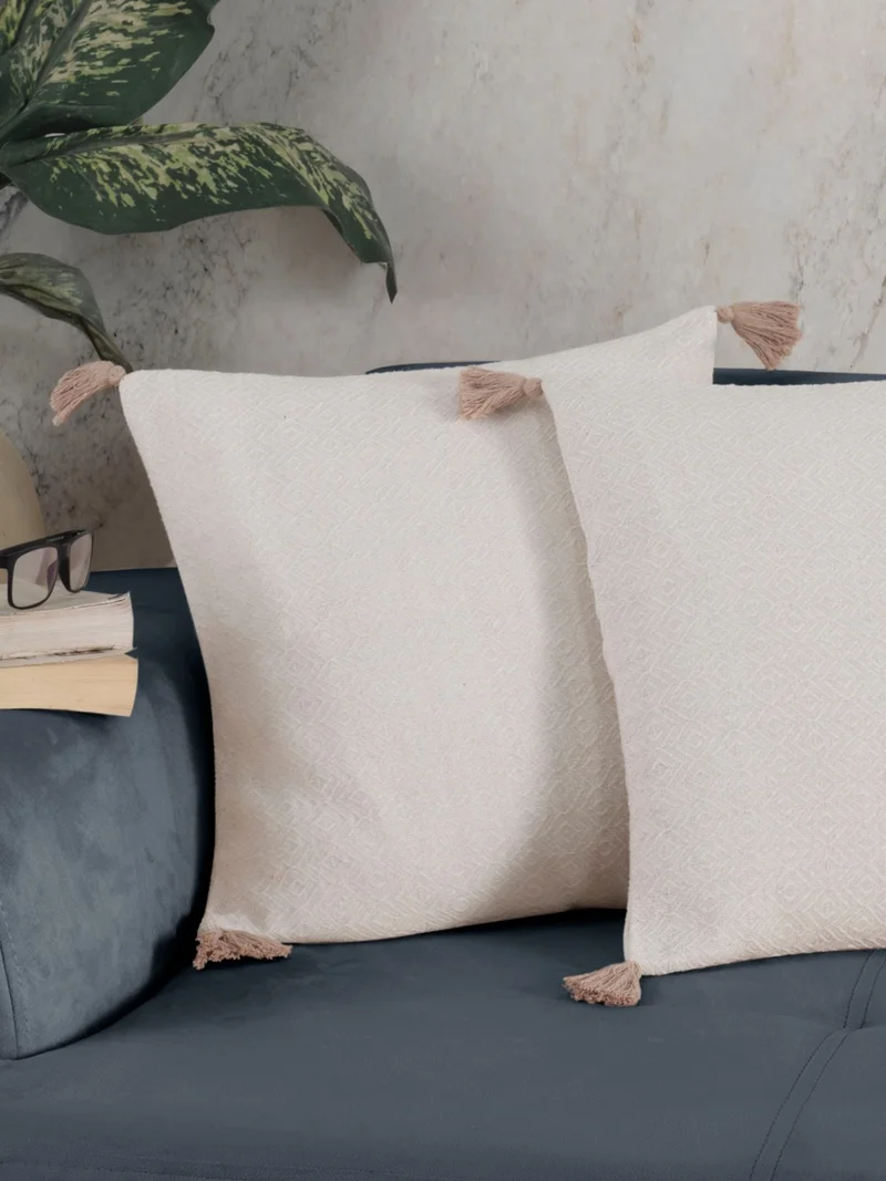 Lux Touch Bergama Ecru 2-Piece Beige Pompom Throw Pillow Cover 45 x 45 cm Pillow Cushion Cover Zippered Tassels