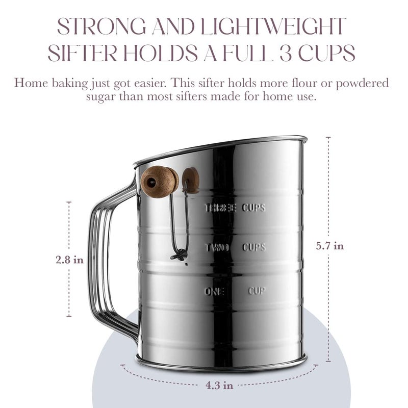 Bellemain منخل بيلمان 3 أكواب للدقيق للخبز شبكة دقيقة يدوي مع مقبض دوار لخلط سريع، منخل دقيق من الفولاذ المقاوم للصدأ - Image 3