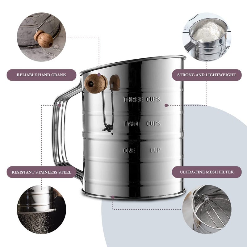 Bellemain منخل بيلمان 3 أكواب للدقيق للخبز شبكة دقيقة يدوي مع مقبض دوار لخلط سريع، منخل دقيق من الفولاذ المقاوم للصدأ - Image 2