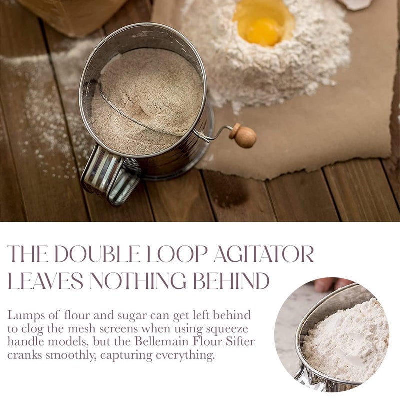Bellemain منخل بيلمان 3 أكواب للدقيق للخبز شبكة دقيقة يدوي مع مقبض دوار لخلط سريع، منخل دقيق من الفولاذ المقاوم للصدأ - Image 4