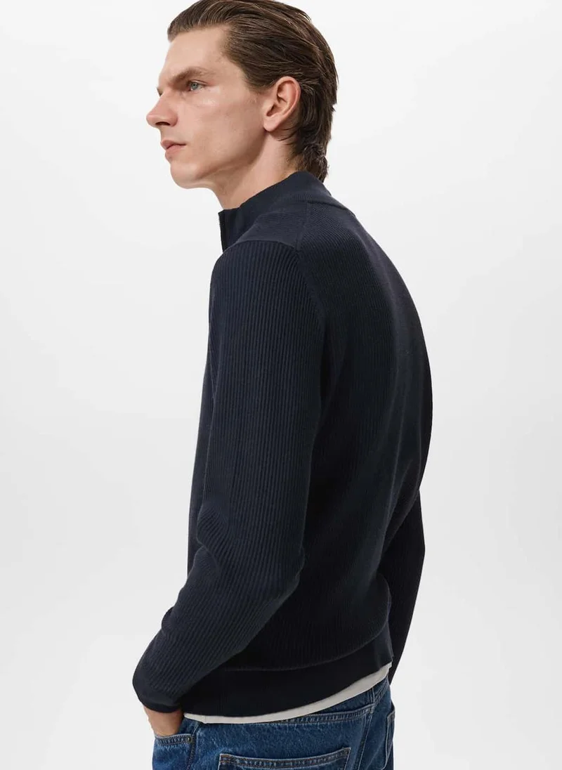 Mango Man Ribbed sweater with zip neck