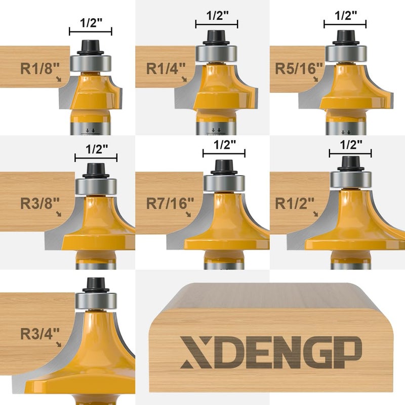 XDENGP 7 Pc Roundover Router Bit Set - 1/2 Shank, Round Over Bits for Edging, Forming, Rounding Woodworking - Radius: 1/8", 1/4", 5/16", 3/8", 7/16", 1/2", 3/4" - Image 2