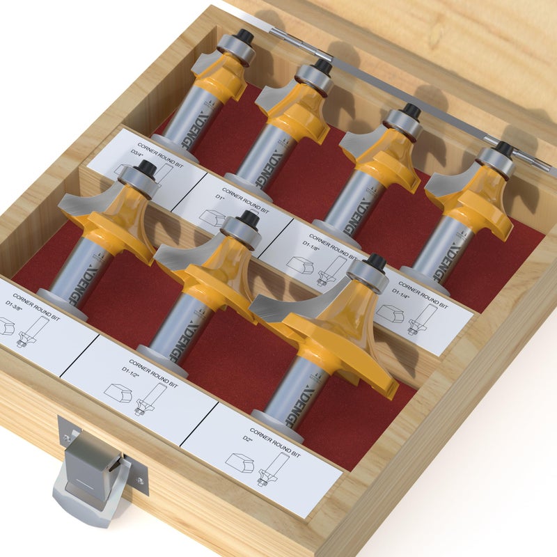 XDENGP 7 Pc Roundover Router Bit Set - 1/2 Shank, Round Over Bits for Edging, Forming, Rounding Woodworking - Radius: 1/8", 1/4", 5/16", 3/8", 7/16", 1/2", 3/4" - Image 1