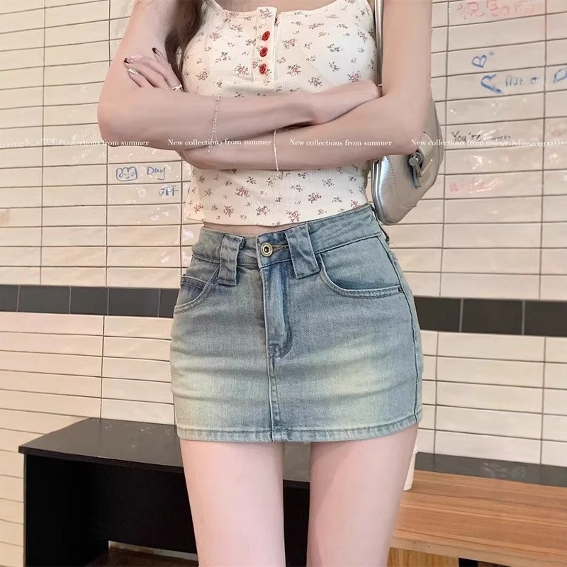 American Stretch Denim Skirt, High Waist, Slim, A-Line, Bodycon, Short - Image 1
