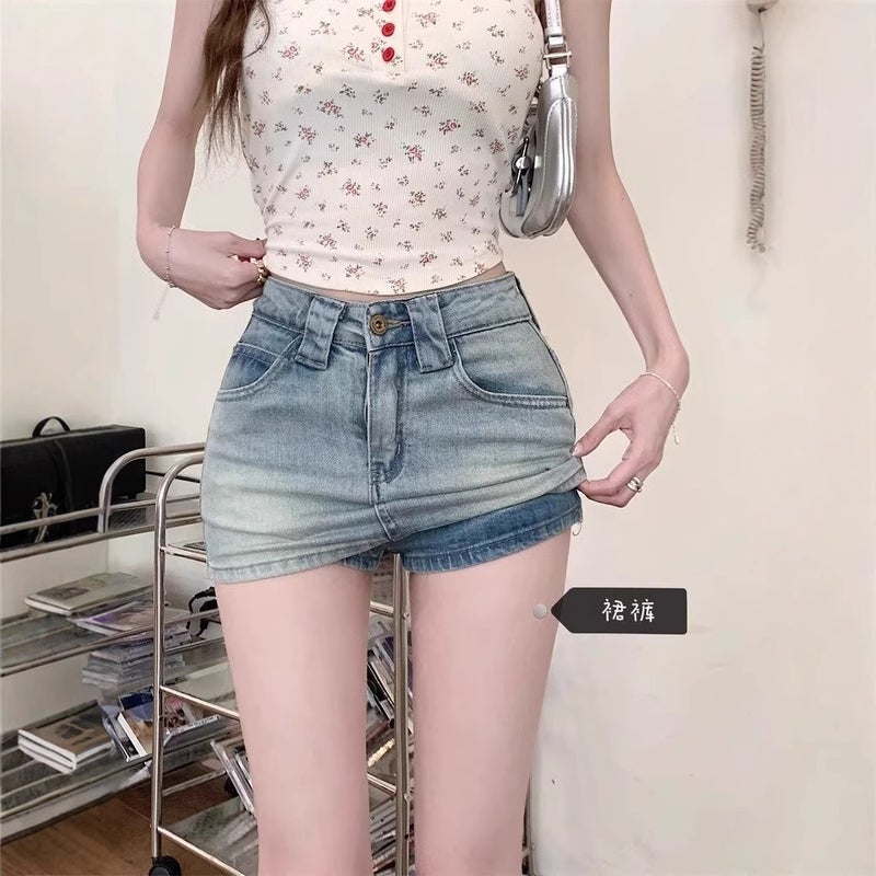American Stretch Denim Skirt, High Waist, Slim, A-Line, Bodycon, Short - Image 2