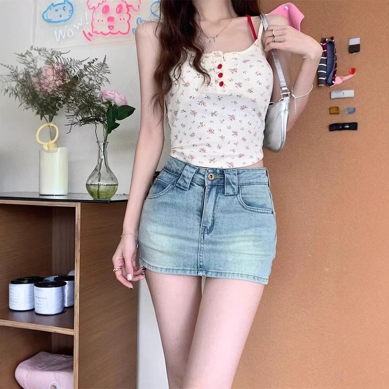 American Stretch Denim Skirt, High Waist, Slim, A-Line, Bodycon, Short - Image 3