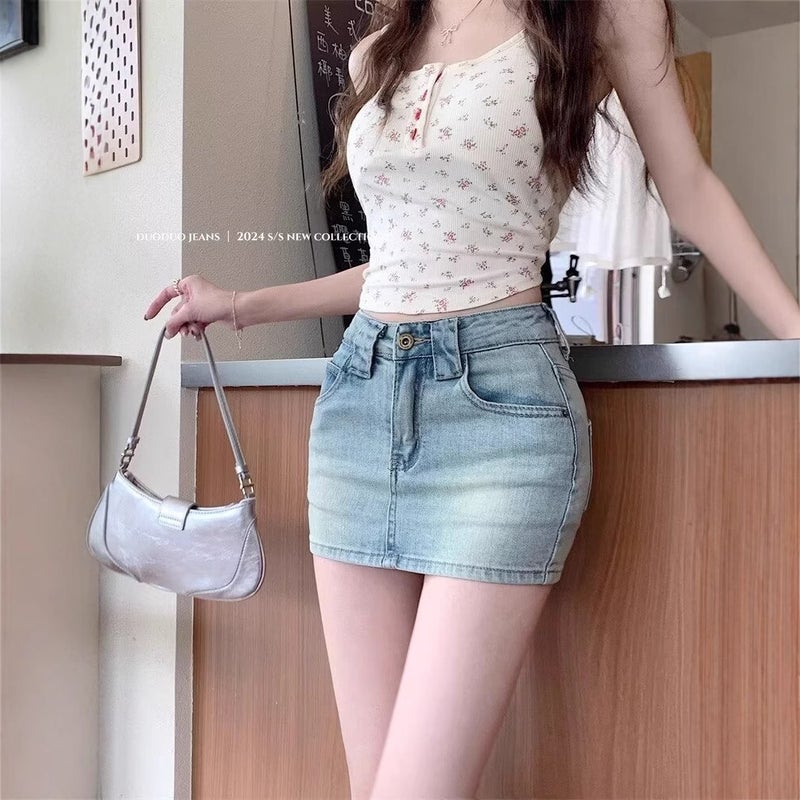 American Stretch Denim Skirt, High Waist, Slim, A-Line, Bodycon, Short - Image 4
