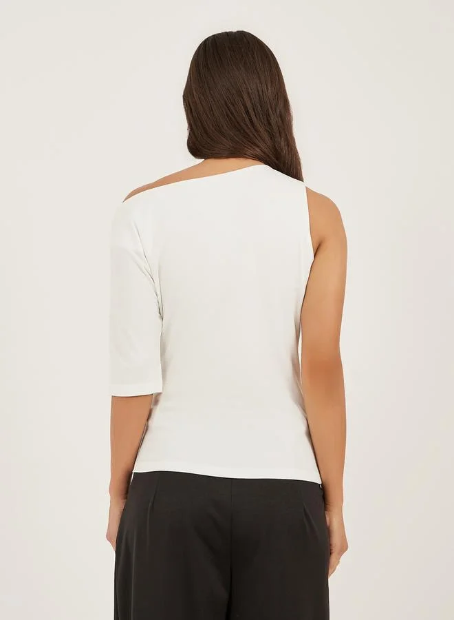 Styli Ruched Asymmetric Neckline Fitted Top