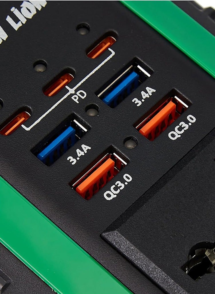 جرين ليون محول طاقة مثبت على السيارة بقدرة 300 وات مع 2 (QC 3.0)، 2 (3.4A USB-A) و3 منافذ PD، محول شرارة GNSPI300WAT من Green Lion - أسود وأخضر  - Image 4