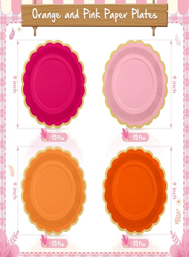 Tiangrid 60 Pcs Pink and Orange Paper Party Plates 9 Inch Scalloped Disposable Dessert Plates for Coquette Bridal Pink Bow Gender Reveal Wedding Birthday Baby Shower Party Supplies - Image 3