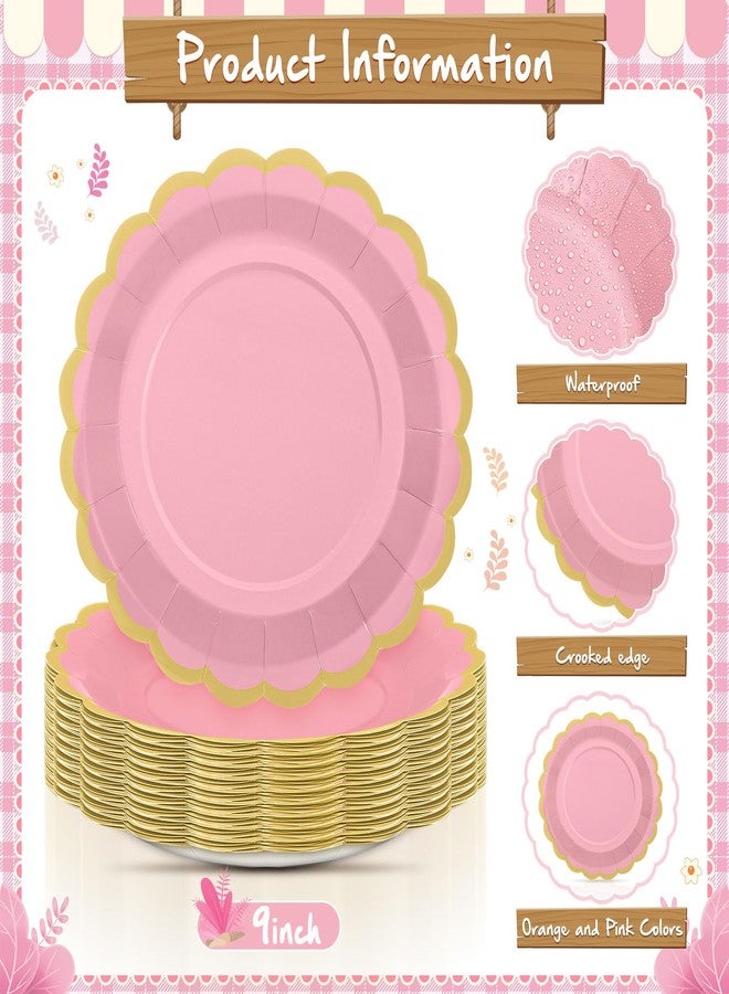 Tiangrid 60 Pcs Pink and Orange Paper Party Plates 9 Inch Scalloped Disposable Dessert Plates for Coquette Bridal Pink Bow Gender Reveal Wedding Birthday Baby Shower Party Supplies - Image 4