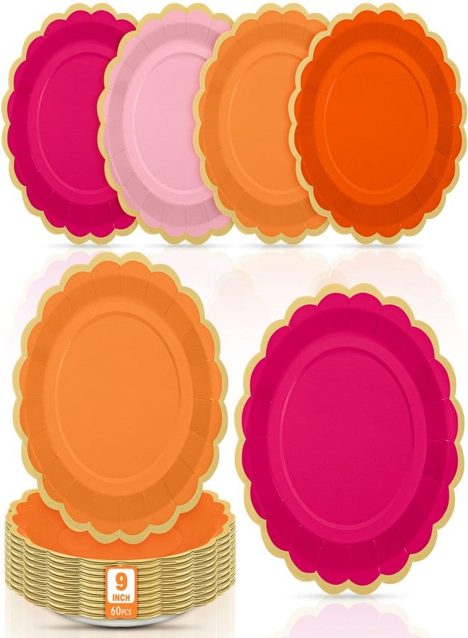 Tiangrid 60 Pcs Pink and Orange Paper Party Plates 9 Inch Scalloped Disposable Dessert Plates for Coquette Bridal Pink Bow Gender Reveal Wedding Birthday Baby Shower Party Supplies - Image 1