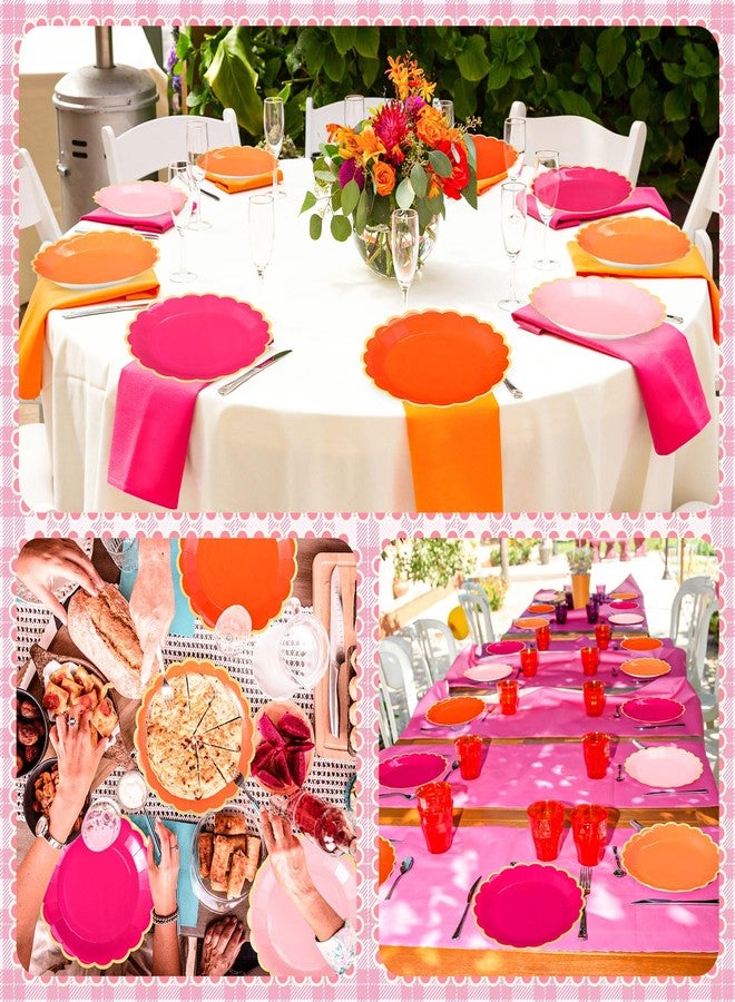 Tiangrid 60 Pcs Pink and Orange Paper Party Plates 9 Inch Scalloped Disposable Dessert Plates for Coquette Bridal Pink Bow Gender Reveal Wedding Birthday Baby Shower Party Supplies - Image 2