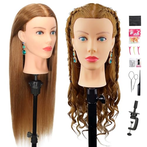Firstwon Mannequin Head Human Hair Cosmetology Manikin Doll Head with 80 Real Hair for Hairdresser Practice Styling Braiding Training Heads Free Clamp Holder Brown - Image 1