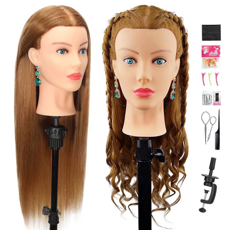 Firstwon Mannequin Head Human Hair Cosmetology Manikin Doll Head with 80 Real Hair for Hairdresser Practice Styling Braiding Training Heads Free Clamp Holder Brown - Image 2