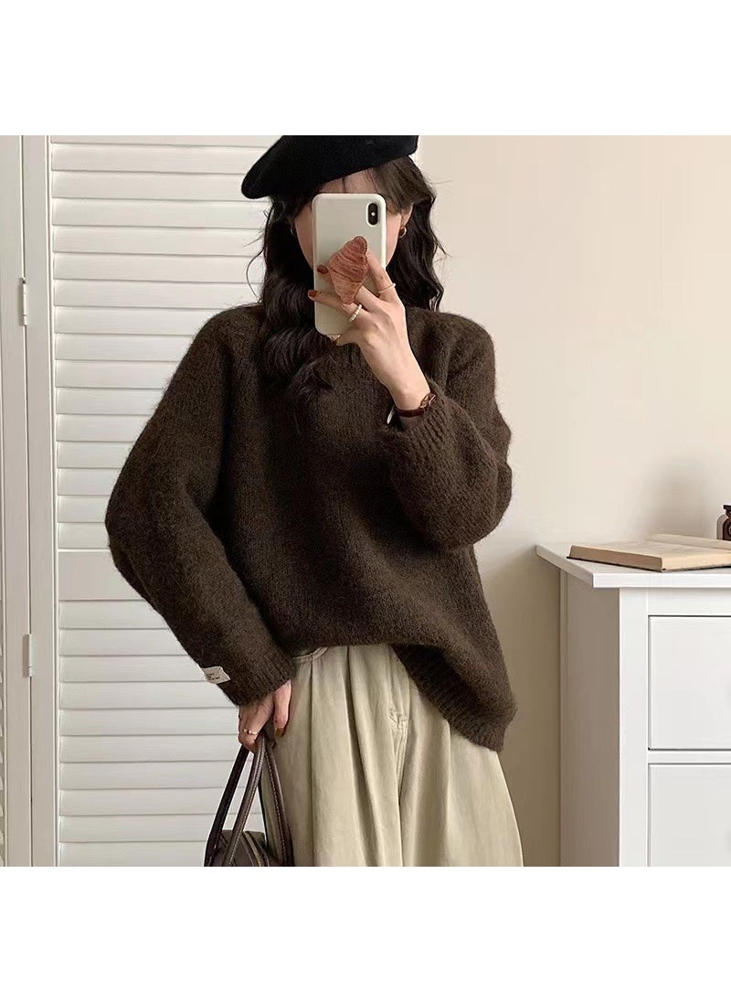 Generic - Korean Loose Solid Pullover Sweater Women Autumn Winter Brown - Image 1