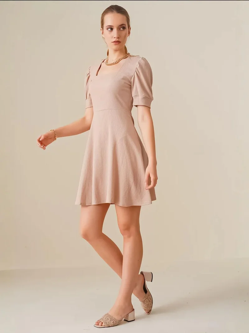 Big Dart Oatmeal Natural BDART Textured Square Collar Mini Knit Dress for Women | Best Price UAE