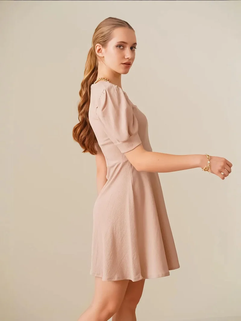 Big Dart Oatmeal Natural BDART Textured Square Collar Mini Knit Dress for Women | Best Price UAE