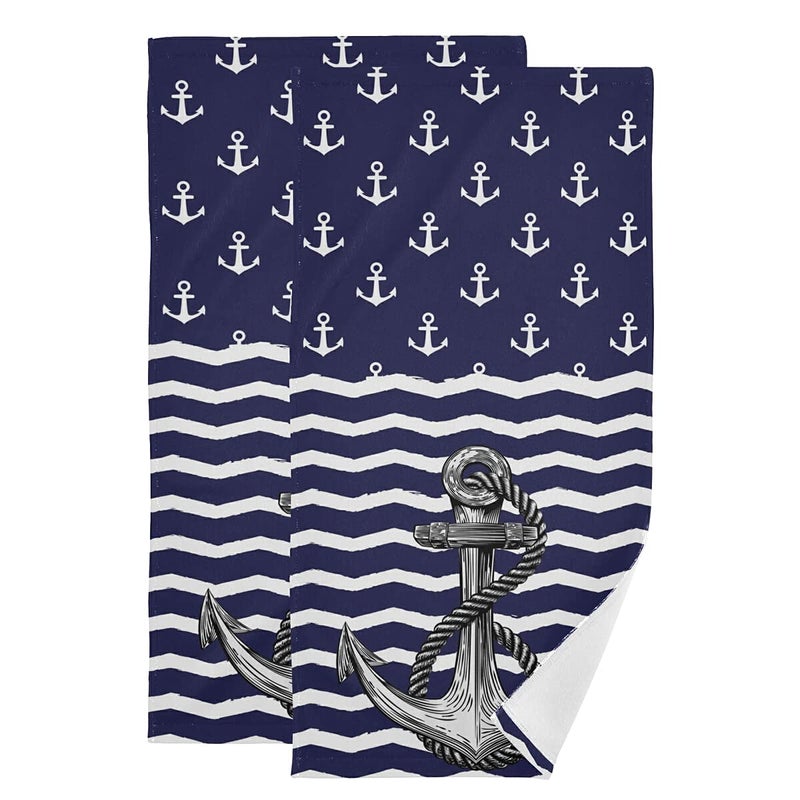 Anchor Bath Hand Towel 2 Pcs Absorbent Nautical White Stripe Hand Towels Sea Anchors Navy Blue Face Towel Soft Breathable Anchor Fingertip Towel for Bathroom Kitchen Hotel Spa Decor Gift 283x144in