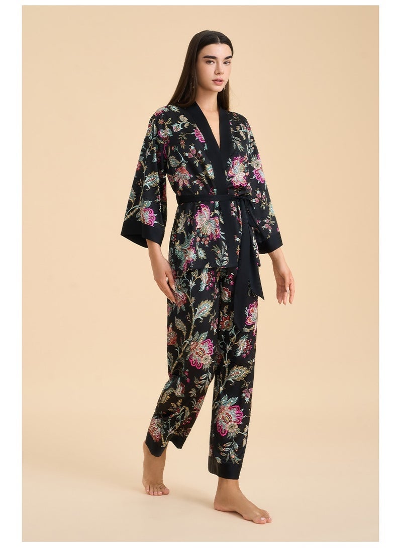 general Womens Satin Print Pajamas Set Long Sleeve Sleepwear Robe Top and Pants Loungewear Set - Image 2
