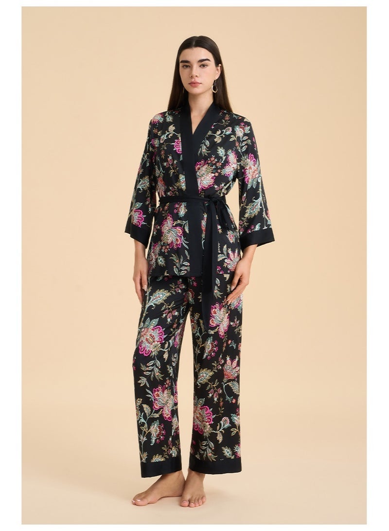 general Womens Satin Print Pajamas Set Long Sleeve Sleepwear Robe Top and Pants Loungewear Set - Image 1