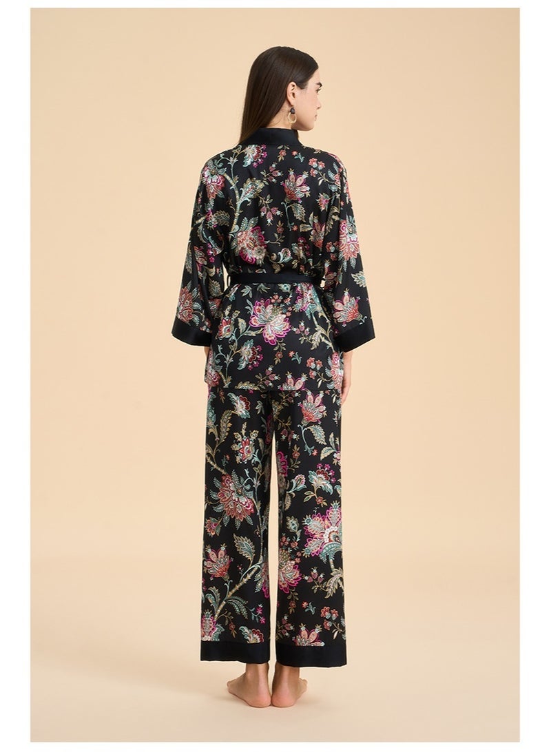 general Womens Satin Print Pajamas Set Long Sleeve Sleepwear Robe Top and Pants Loungewear Set - Image 3