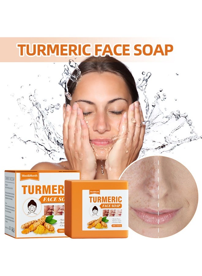 West&Month Turmeric Face Soap, Moisturizing Turmeric Soap For Face And Body, Whitening Turmeric Soap for Acne and Dark Spots, Acne Facial , Multiple Parts Can Be Used 100g  - Image 1