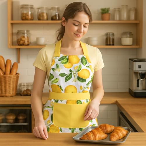 G2PLUS Thick Lemon Cotton Apron, Kitchen Apron for Women, Adjustable Cooking Apron with Pocket for Baking, Garden, Christmas - Image 5