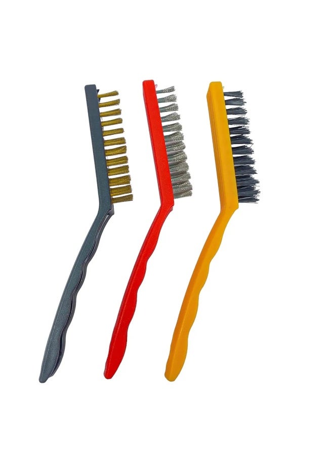 هيتكس مجموعة من 3 فرش سلكية | فرش كاشطة لتنظيف خبث اللحام، وصدأ طلاء المعادن، والغبار | فرش من النحاس، والنايلون، والفولاذ المقاوم للصدأ | فرشاة تنظيف بمقبض منحني للبناء | 9 بوصات - Image 1