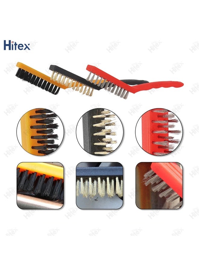 هيتكس مجموعة من 3 فرش سلكية | فرش كاشطة لتنظيف خبث اللحام، وصدأ طلاء المعادن، والغبار | فرش من النحاس، والنايلون، والفولاذ المقاوم للصدأ | فرشاة تنظيف بمقبض منحني للبناء | 9 بوصات - Image 2