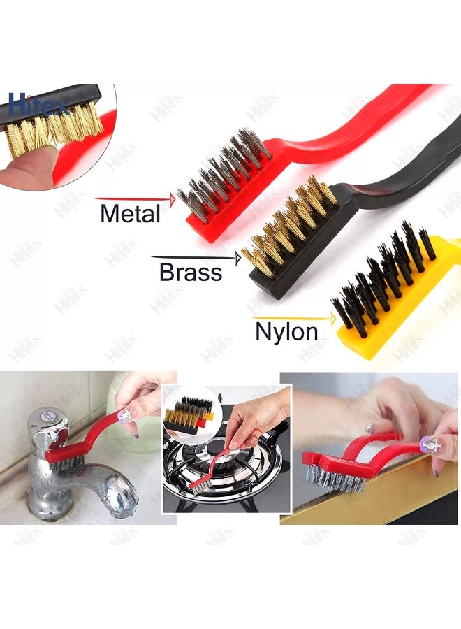 هيتكس مجموعة من 3 فرش سلكية | فرش كاشطة لتنظيف خبث اللحام، وصدأ طلاء المعادن، والغبار | فرش من النحاس، والنايلون، والفولاذ المقاوم للصدأ | فرشاة تنظيف بمقبض منحني للبناء | 9 بوصات - Image 4