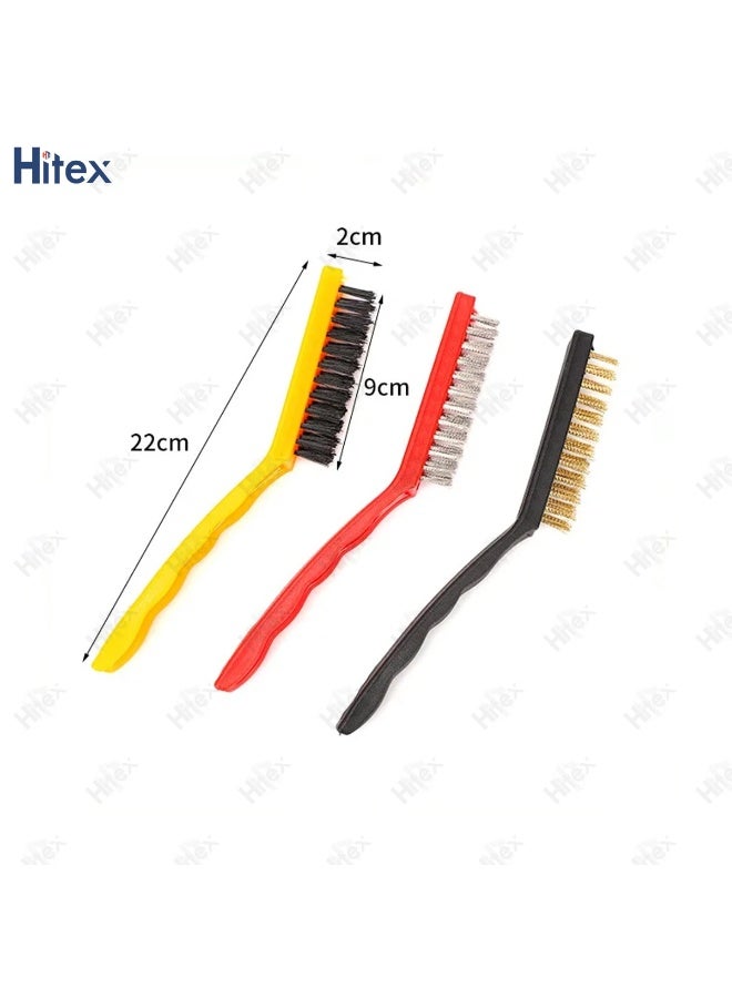 هيتكس مجموعة من 3 فرش سلكية | فرش كاشطة لتنظيف خبث اللحام، وصدأ طلاء المعادن، والغبار | فرش من النحاس، والنايلون، والفولاذ المقاوم للصدأ | فرشاة تنظيف بمقبض منحني للبناء | 9 بوصات - Image 3
