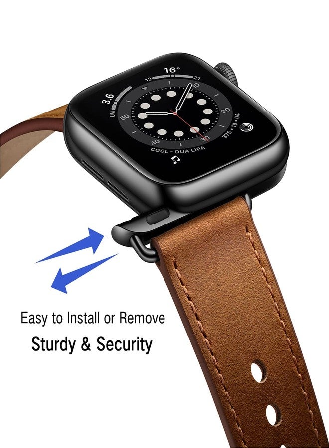 OUHENG أشرطة جلدية OUHENG متوافقة مع ساعة آبل 49mm/46mm/45mm/44mm/42mm، حزام جلد طبيعي لساعة iWatch Ultra 3/2/1 و SE 3/2/1 سلسلة 11 10 9 8 7 6 5 4 3 2 1 (بني عتيق/أسود) - Image 2