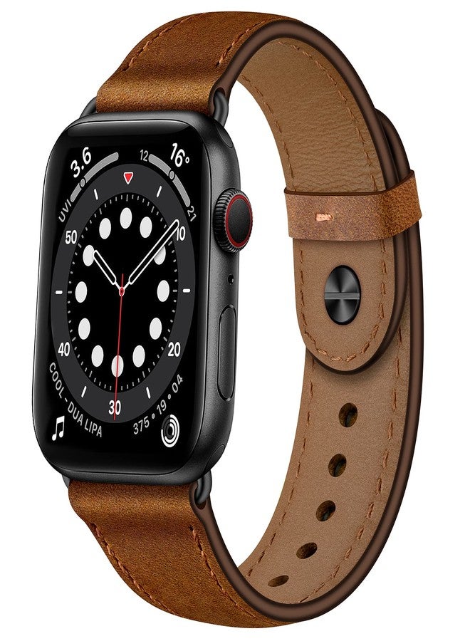 OUHENG أشرطة جلدية OUHENG متوافقة مع ساعة آبل 49mm/46mm/45mm/44mm/42mm، حزام جلد طبيعي لساعة iWatch Ultra 3/2/1 و SE 3/2/1 سلسلة 11 10 9 8 7 6 5 4 3 2 1 (بني عتيق/أسود) - Image 1