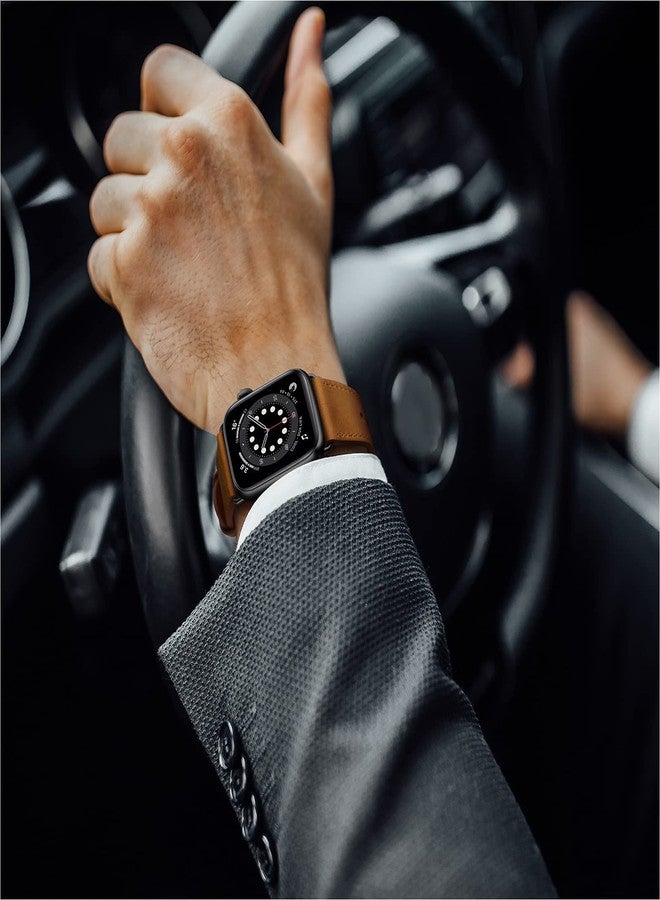 OUHENG أشرطة جلدية OUHENG متوافقة مع ساعة آبل 49mm/46mm/45mm/44mm/42mm، حزام جلد طبيعي لساعة iWatch Ultra 3/2/1 و SE 3/2/1 سلسلة 11 10 9 8 7 6 5 4 3 2 1 (بني عتيق/أسود) - Image 5