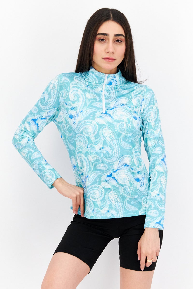 X by Gottex Women Sportswear Fit Long Sleeve Training Top, Turquoises Combo - Image 1