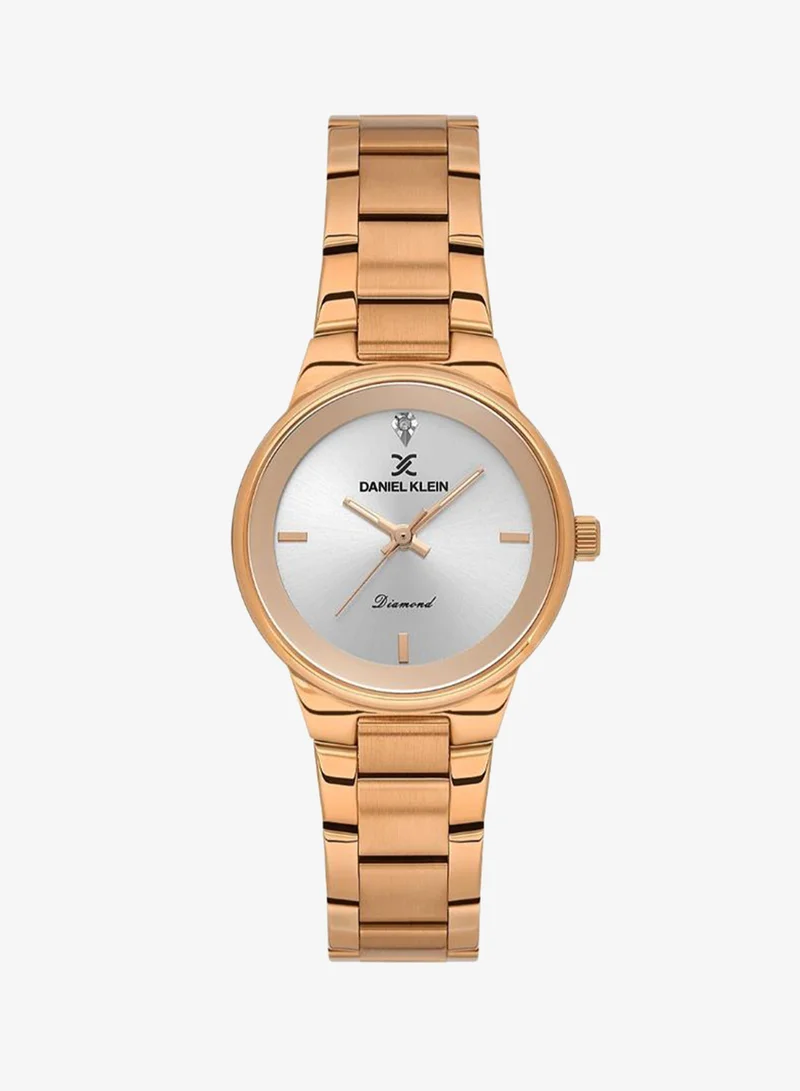 DANIEL KLEIN Women's Stainless Steel Rose Gold Steel Case Analog Silver Round Sunray Dial Japanese Quartz Diamond 30 Meters Water Resistant