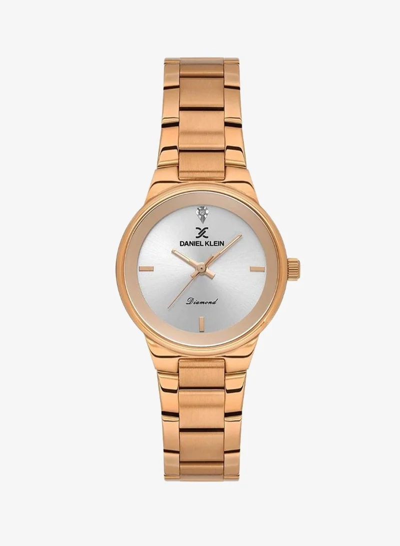 Daniel Klein Women's Stainless Steel Rose Gold Steel Case Analog Silver Round Sunray Dial Japanese Quartz Diamond 30 Meters Water Resistant