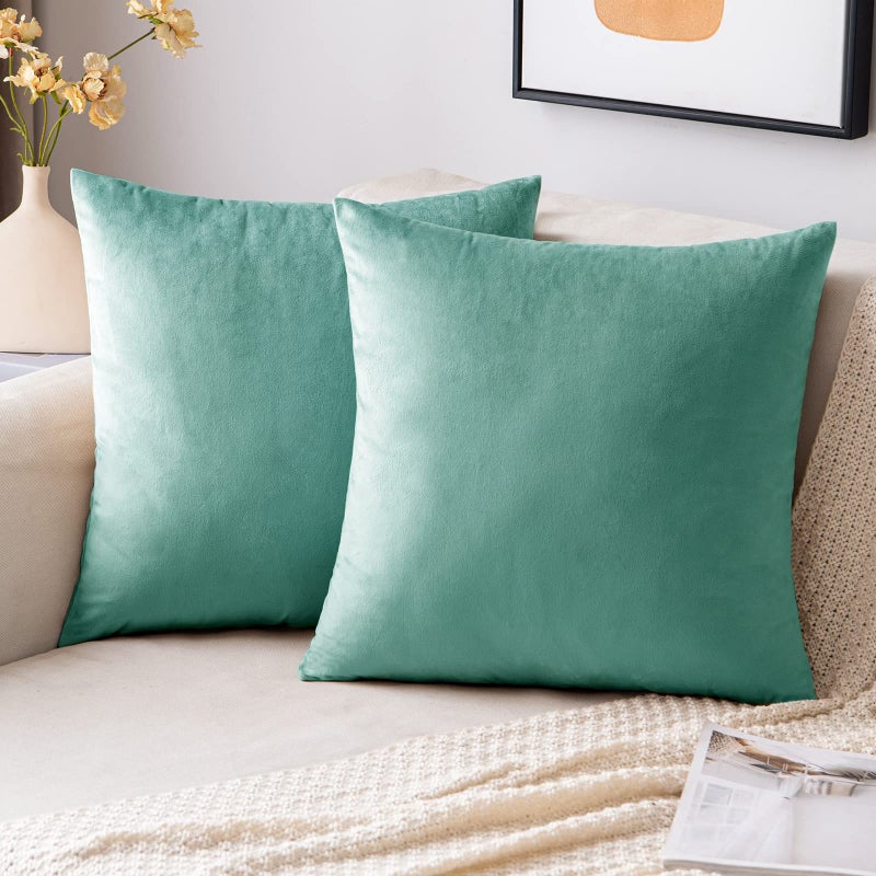 EMEMA Pack of 2 Velvet Throw Pillow Covers Decorative Square Pillowcase Soft Solid Cushion Case for Sofa Bedroom Chair Car 20x20 Inch Aqua Green - Image 1