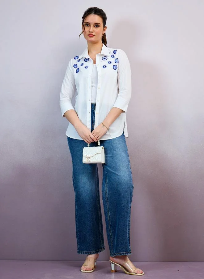 Athena Evil Eye Embroidered Cotton Relaxed Fit Shirt