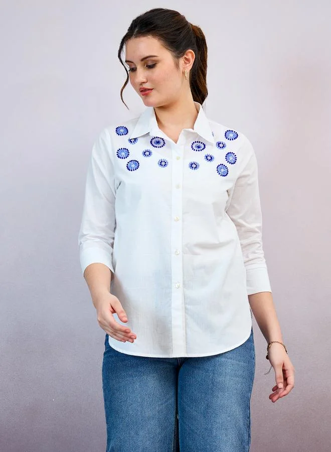 Athena Evil Eye Embroidered Cotton Relaxed Fit Shirt