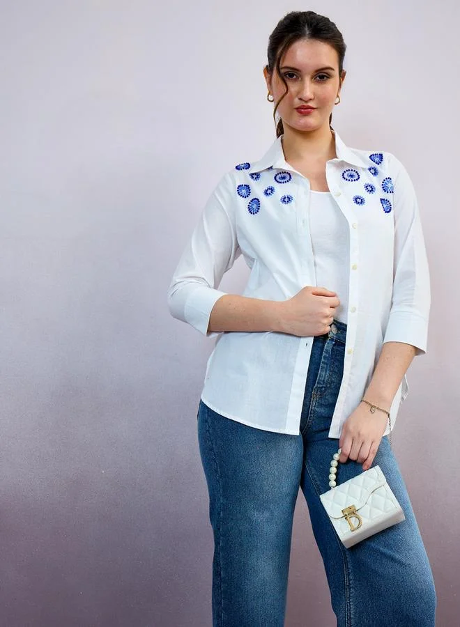 Athena Evil Eye Embroidered Cotton Relaxed Fit Shirt
