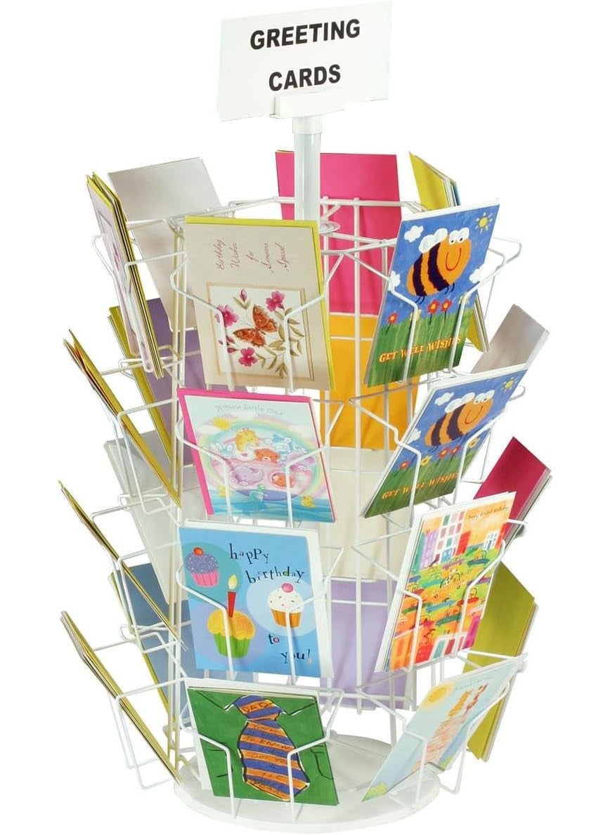 Displays2go Greeting Card Rack with TwentyFour 5 x 7 Pockets for Countertop Use 29 Inch Tall Four  Tier Hexagon Wire Display Stand  White Wire with Plastic Base and Sign Holder 