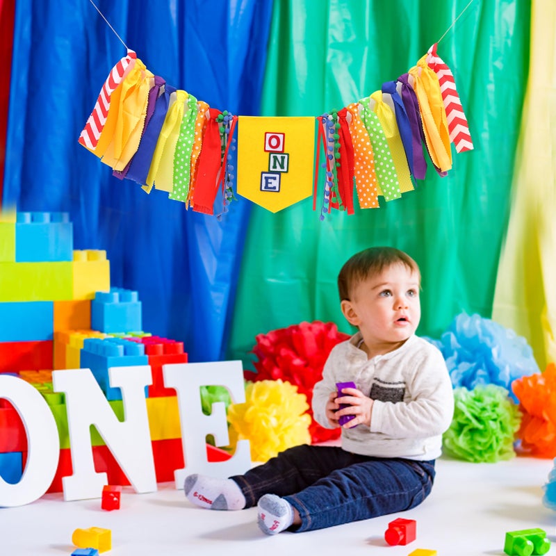 Jissoo Letter Blocks One High Chair Banner - First Birthday Decorations, Nursery Rhyme Highchair Garland With Ribbon Fabric,1st Birthday Photo Props,Cake Smash Party Colorful Banner - Image 5
